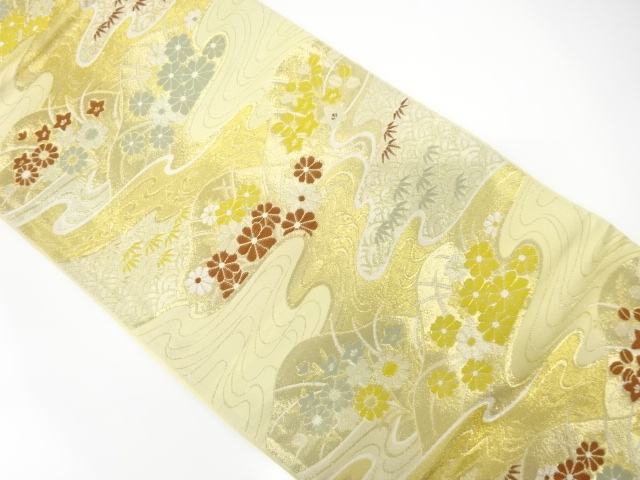 JAPANESE KIMONO / ANTIQUE FUKURO OBI / WOVEN KIKU & BAMBOO GRASS